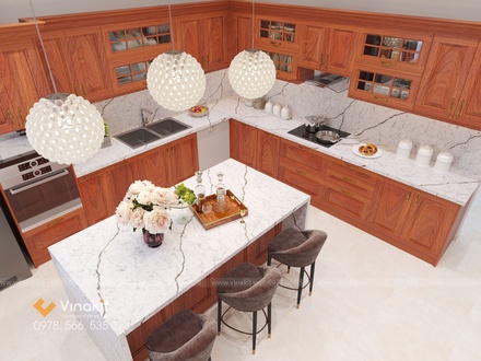 Mẫu tủ bếp gỗ hương Vinakit chữ L – GH07