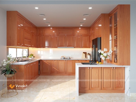 Mẫu tủ bếp gỗ hương Vinakit chữ U – GH10