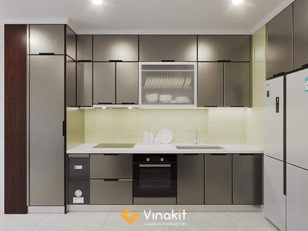 Mẫu tủ bếp inox cánh kính cường lực CK107