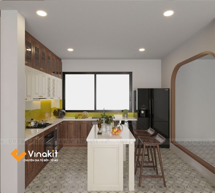 Mẫu tủ bếp inox cánh gỗ óc chó ITN10 Vinakit