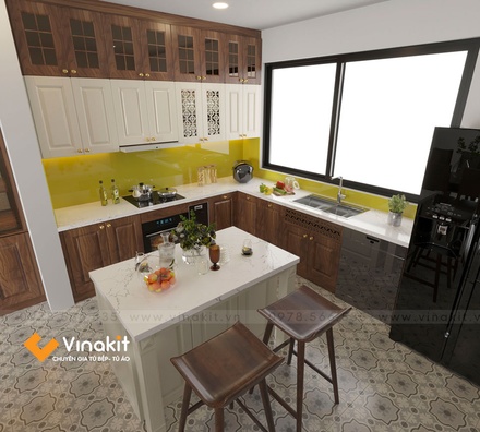 Mẫu tủ bếp inox cánh gỗ óc chó ITN10 Vinakit