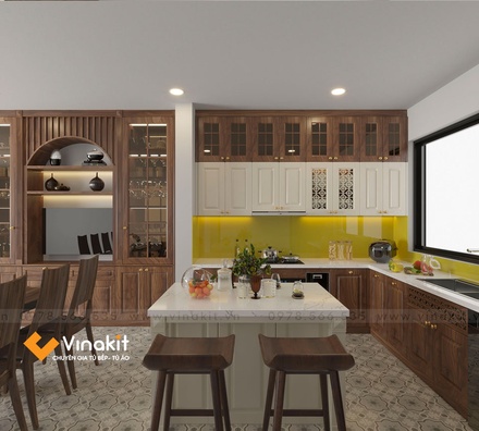 Mẫu tủ bếp inox cánh gỗ óc chó ITN10 Vinakit